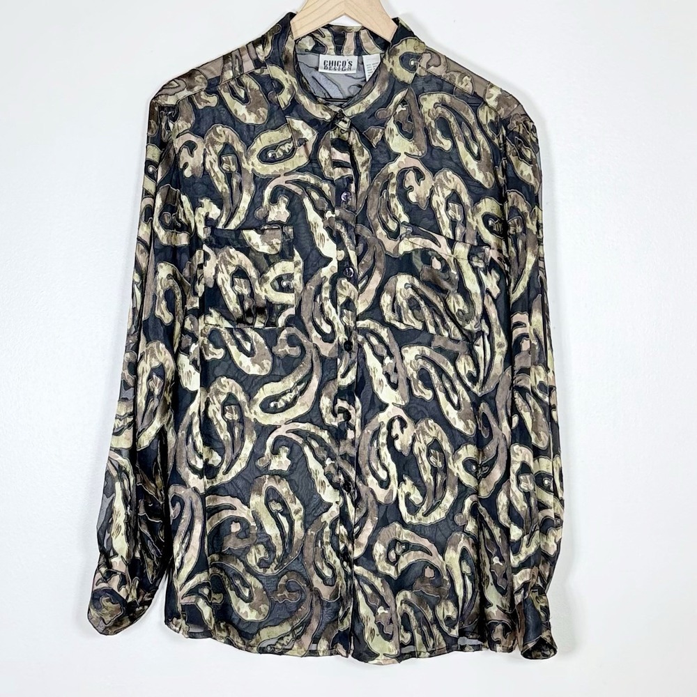 Vintage Chicos Womens Silk Burnout Button Up Top Size 2 US L Black Gold Paisley